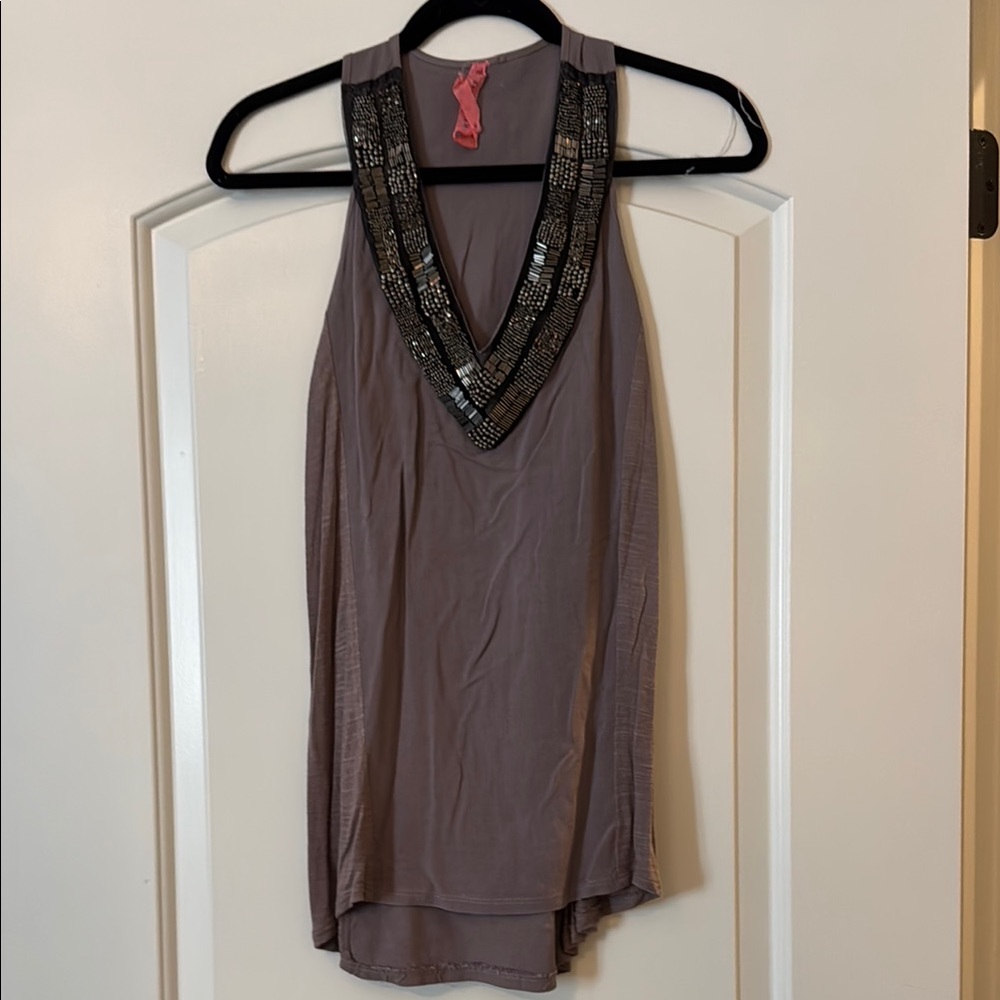 Eight Sixty Brown Embellished Asymmetrical Tank Top